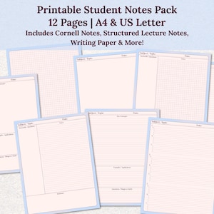 Op de afbeelding: Een verzameling afdrukbare studentennotities, waaronder Cornell-notities, gestructureerde college-aantekeningen en schrijfpapier. De pagina's zijn in A4- en US Letter-formaat, met een lichtblauwe rand en gelinieerd of geruit papier.