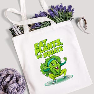 Jute bag &quot;Eat Plants Do Squats&quot; - statement bag with motif, zero waste, cotton fabric bag, funny bag for sports & everyday life
