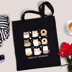Kawaii Tote Bag - Kawaii Cat Cotton Bag - Canvas Tote Bag - Bag with Cats and Coffee Motif - Statement Bag - Tote Bag