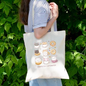 Kawaii Tote Bag - Kawaii Cat Cotton Bag - Canvas Tote Bag - Bag with Cats and Coffee Motif - Statement Bag - Tote Bag