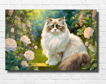 RAGDOLL CAT COTTAGECORE Canva Art | Original Unique Design Contemporary Abstract Concept Painting Ragdoll Cat Garden White Roses Gift Idea