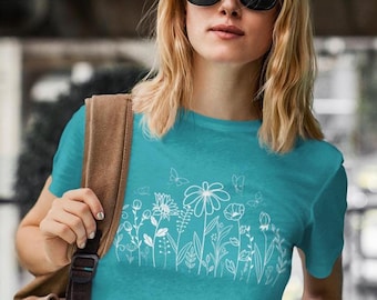 Camiseta con gráfico floral para mujer, camisa de flores minimalista, diseño de arte de línea botánica, regalo inspirado en la naturaleza