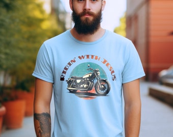 Ridin' with Jesus Motorcycle Tee - Viaje espiritual en colores suaves