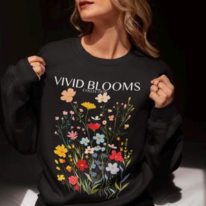 Floral Sweatshirt for Women, Colorful Wildflowers Crewneck, Cottagecore Aesthetic Pullover, Botanical Garden Flower Lover Gift
