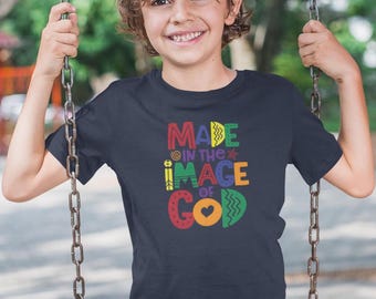 Kinder christliches T-Shirt: Hergestellt nach dem Bild Gottes, religiöses Jugendhemd