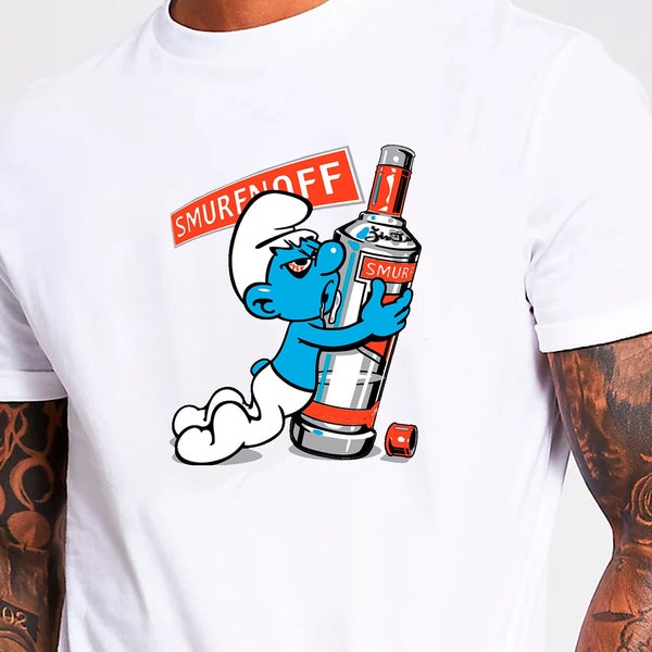 Smurfnoff T-Shirt Unisex Gildan Softstyle Tshirt Novelty Smurfs Blue Creatures Smirnoff Alcohol Drink Drunk Parody Tee