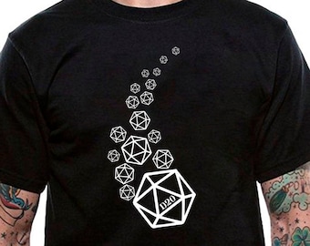 May include: A black t-shirt with a white graphic of a D20 dice with smaller dice floating upwards.
