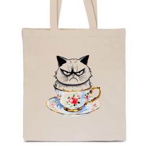 Grumpy Cup Kitty Tote Bag, Natural, Organic Cotton