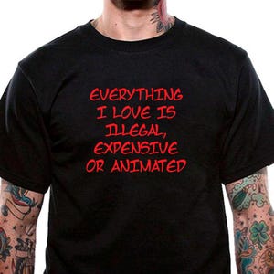 May include: Black t-shirt with red text that reads "Everything I love is illegal, expensive or animated."
