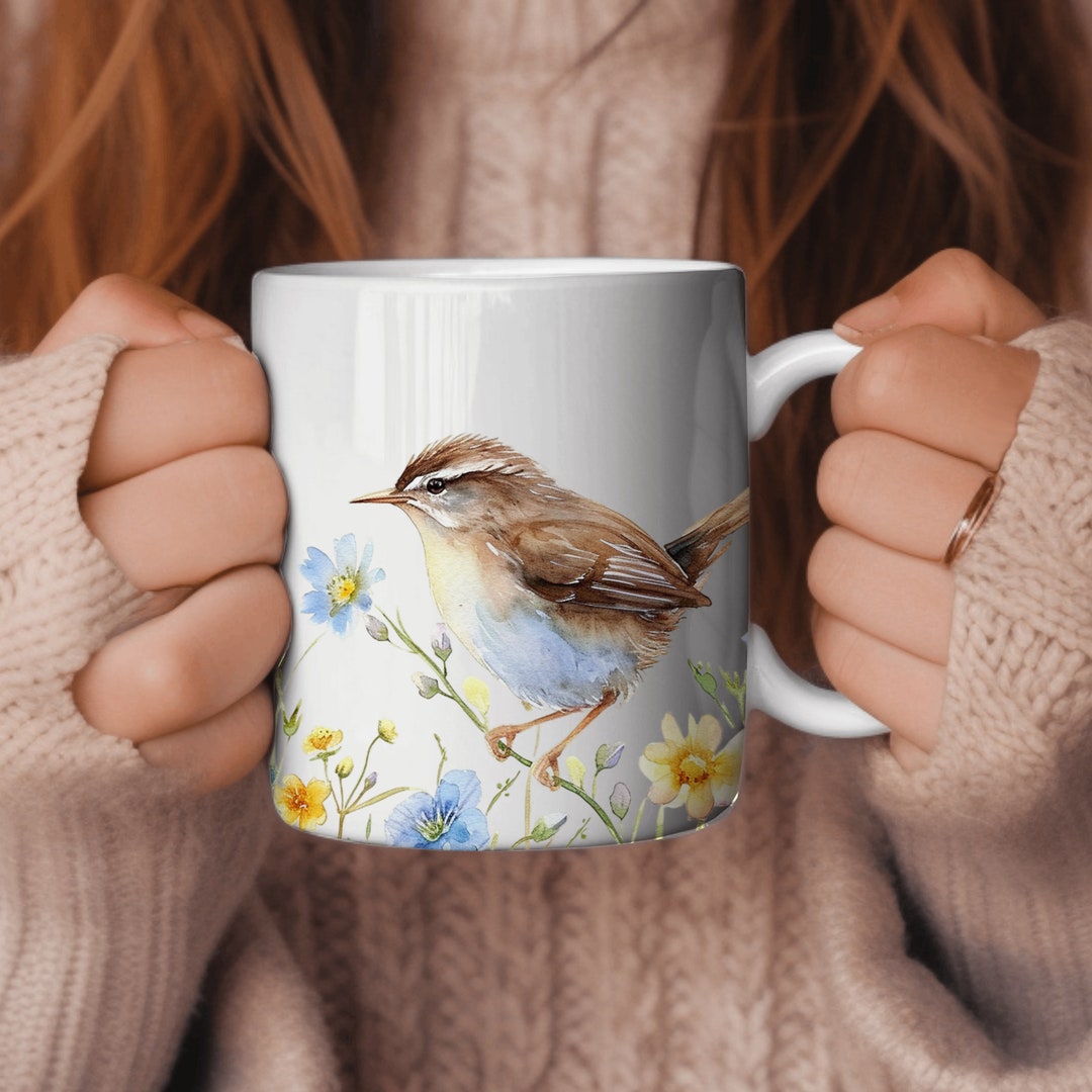 Wren Bird Mug, Bird Coffee Mug, Flower Mug, Bird Lover Gift, Bird