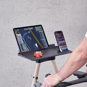 Indoor Bike Tablet Table with Smartphone Holder and Wooden Legs, 3D Printing Technology, Perfect for Zwift, Cycling Fan Gift
