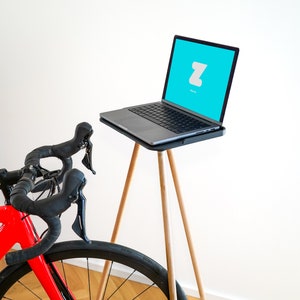 Indoor bike trainer laptop holder including wooden legs, 3D printing technology, perfect for Zwift, cycling fan gift