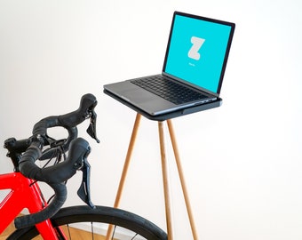 Indoor bike trainer laptop holder including wooden legs, 3D printing technology, perfect for Zwift, cycling fan gift