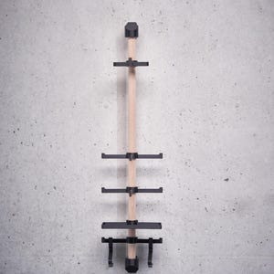 May include: A wooden wall-mounted coat rack with black metal hooks and a shelf. The rack has four hooks and one shelf.
