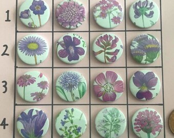 1 inch/25mm floral flower button badges made from flower guide book (purple), all unique one-off