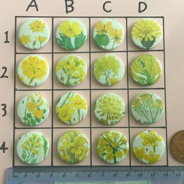 1 inch/25mm floral flower button badges made from flower guide book (yellow), all unique one-off