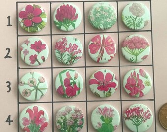 1 inch/25mm floral flower button badges made from flower guide book (pink), all unique one-off