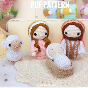 Set di modelli per presepe in miniatura Amigurumi 1 • Sacra Famiglia: Maria, Gesù Bambino, Giuseppe e pecorelle • Presepe di Natale all'uncinetto in PDF