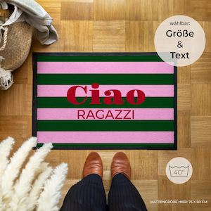 Personalisierte Fußmatte „Ciao Ragazzi“ – moderne Stiefelmatte mit Streifen – robust & waschbar für außen – Made in Germany