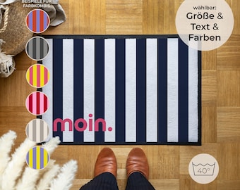 Personalisierte Fußmatte „moin.“ – moderne Stiefelmatte mit Streifen – robust & waschbar für außen – Geschenk Einzug – Made in Germany