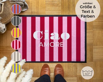 Personalisierte Fußmatte „Ciao Amore“ – moderne Stiefelmatte mit Streifen – robust & waschbar für außen – Geschenk Einzug – Made in Germany