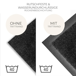 May include: Two black rectangular mats, one without a border and one with a border. The mats are shown with a close-up view of the texture. The text at the top says "RUTSCHFESTE & WASSERUNDURCHL&Auml;SSIGE R&Uuml;CKENBESCHICHTUNG". The mats have a washing symbol with the number 40.