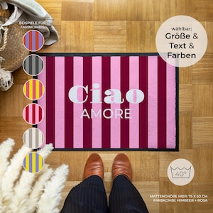 Personalisierte Fußmatte „Ciao Amore“ – moderne Stiefelmatte mit Streifen – robust & waschbar für außen – Geschenk Einzug – Made in Germany