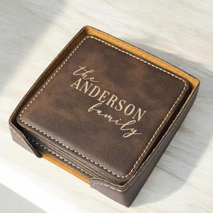 Personalized Family Name Coasters | Custom Coasters for Home Bar | Personalized Coaster Set for Family | Leatherette Coasters | Closing Gift