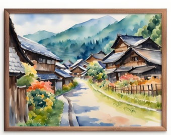 Shirakawa-go Aquarelle Imprimable Wall Art | Impression de village japonais | Peinture à l’aquarelle du village japonais | Téléchargement instantané