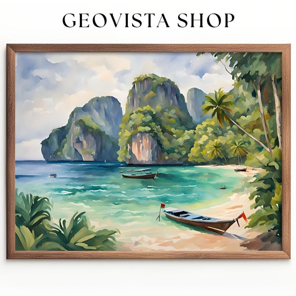 Phi Phi Island Watercolor Printable Wall Art | Tropical Watercolor Painting Decor | Thailand Beach Painting | Instant Download Print