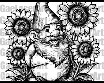 Gnome Sunflower SVG PNG Laser Cut File | Floral Gnome Engraving Design for Glowforge LightBurn CNC