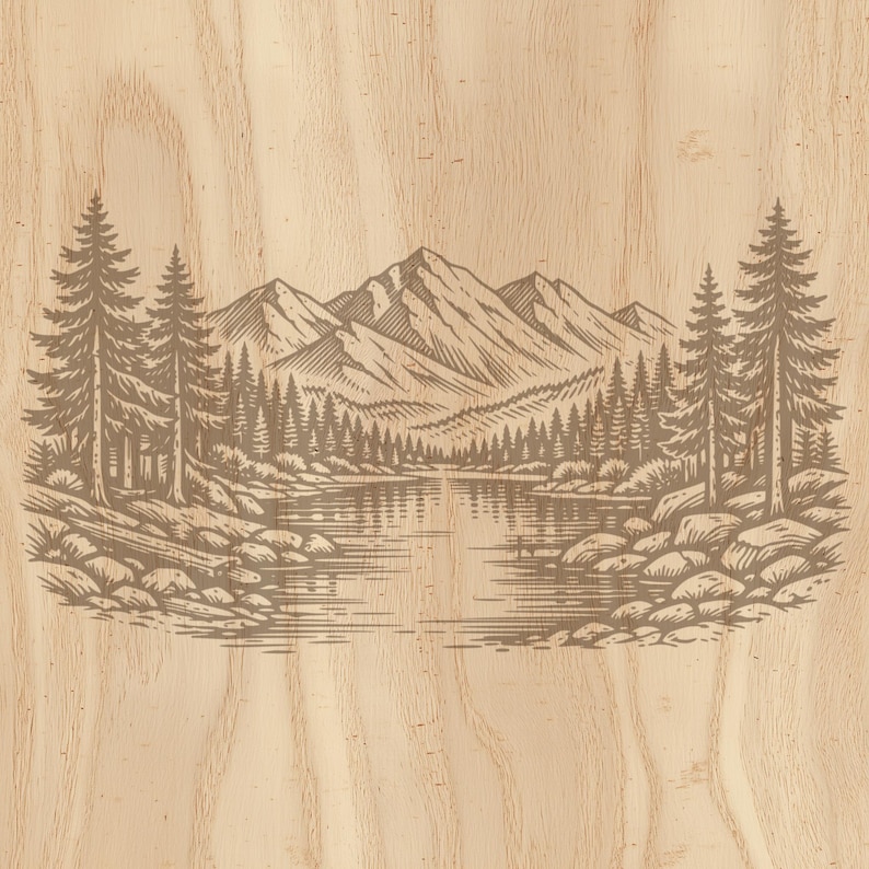 Mountain Lake SVG PNG Laser Engraving File | Forest River Landscape ...