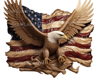 May include: A wooden carving of a bald eagle with outstretched wings, perched on a tattered American flag. The eagle's head is turned to the right, and its eyes are focused on something off-screen. The flag is red, white, and blue, and it is draped over the eagle's back.