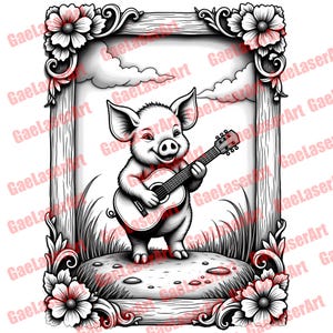 Guitar Playing Pig Laser Engraving, PNG Laser File, Farm Animal Cutout SVG, LightBurn Cutout File, Cute Pig Design for Laser Engravers