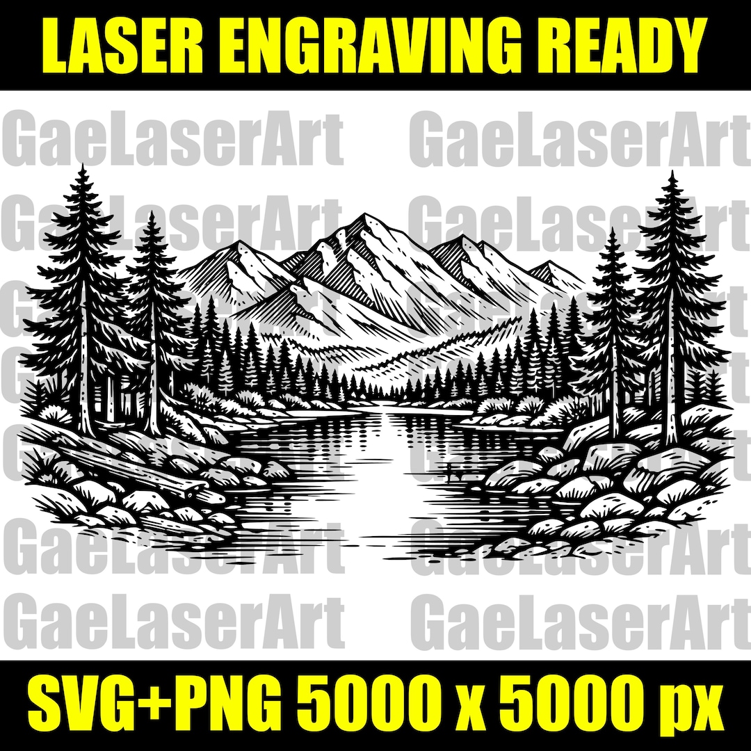 Mountain Lake SVG PNG Laser Engraving File | Forest River Landscape ...