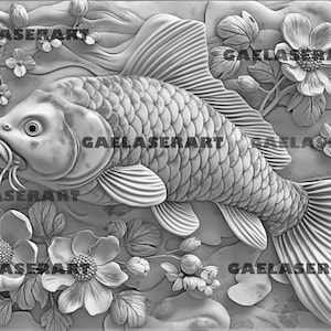 Archivo digital de grabado láser de ilusión 3D de peces koi y florales para Glowforge y grabadores similares
