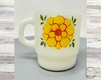 Vintage Anchor Hocking Fire-King Yellow Flower Mug, Milk Glass Mug, Retro Mug, Coffee Cup, Oven Proof, Made in the USA