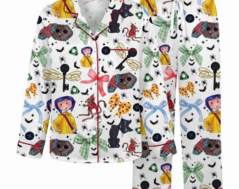 Coraline Pajamas Set, Coraline Button Key Pjs, Spooky Movie Long Pajama Set, Cute Coraline Lounge Set Gift for Movie Fans