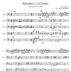 Könnte beinhalten: Notenblatt für das "Schindlers Liste Thema" arrangiert für 5 Celli. Die Musik ist in Standardnotation mit einem Tempo von = 100 geschrieben. Der Komponist ist John Williams und der Arrangeur ist Lachlan Muirhead.