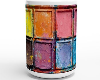 Große bunte Keramiktasse mit dem Farbkasten "Stadtbummel" - Malerei und Design von Mark Hellbusch