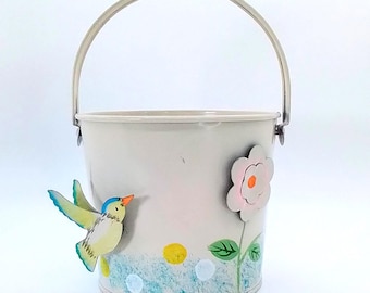 Decorative Tin Bucket/Pail with 3D Appliques, Bird and Flower