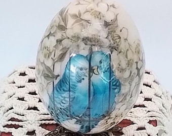 Blue Parakeet and Flower Decorative Egg on Ornate Metal Stand