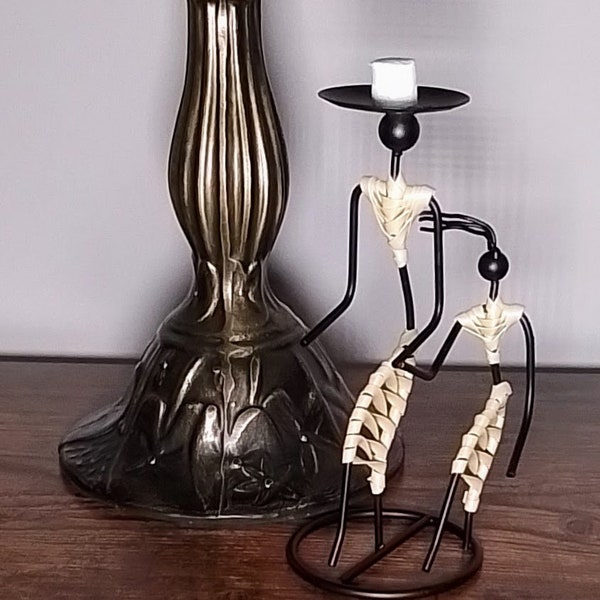 Modern Style Black Metal and Rattan Mother and Daughter Votive Candleholder