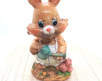 Happy Country Gardening Bunny Figurine Watering Flowers