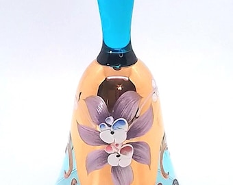Murano Glass Bell, Peacock Blue, 24K Gold, Painted Flowers, Made in Italy