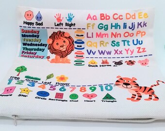 Kids Fabric Pillow Cover, Alphabet, Numbers, Shapes, Pocket, 12x12, Educational