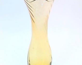 Delicate Hand-Blown Amber Bud Vase with Ruffled Top, Clear Pedestal Base