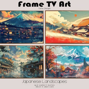 May include: Four digital art prints featuring Japanese landscapes with Mount Fuji in the background. The prints are in a 16:9 aspect ratio and are 3840 x 2160 pixels (4K).