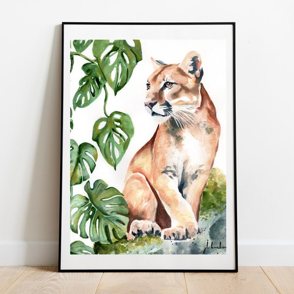 Principessa il Cougar, stampa d'arte tropicale, decorazione da parete Boho Chic, stampa artistica di pittura ad acquerello, decorazione del soggiorno, arte chic, arte del gatto selvatico