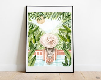 Jungle Pool Wall Art, Tropical Art Print, Boho Chic Wall Decor, Summer Girl, Watercolor Painting Art Print, Living Room Art Print, xoboho